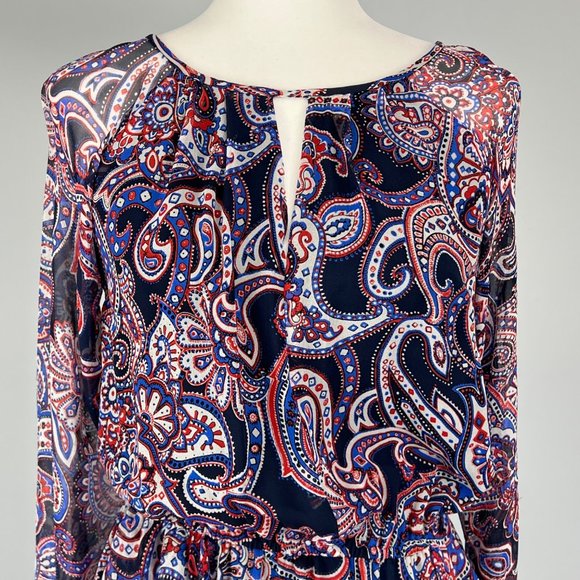 Shoshanna Silk Paisley Long Sleeve Ruffled Dress Red Blue Black size 4 - Picture 2 of 12